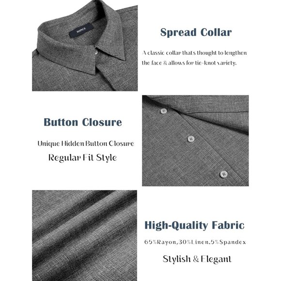 Men's A-dark Grey Linen Short Sleeve Button Down Casual Shirt Business Dress - Picture 5 of 6